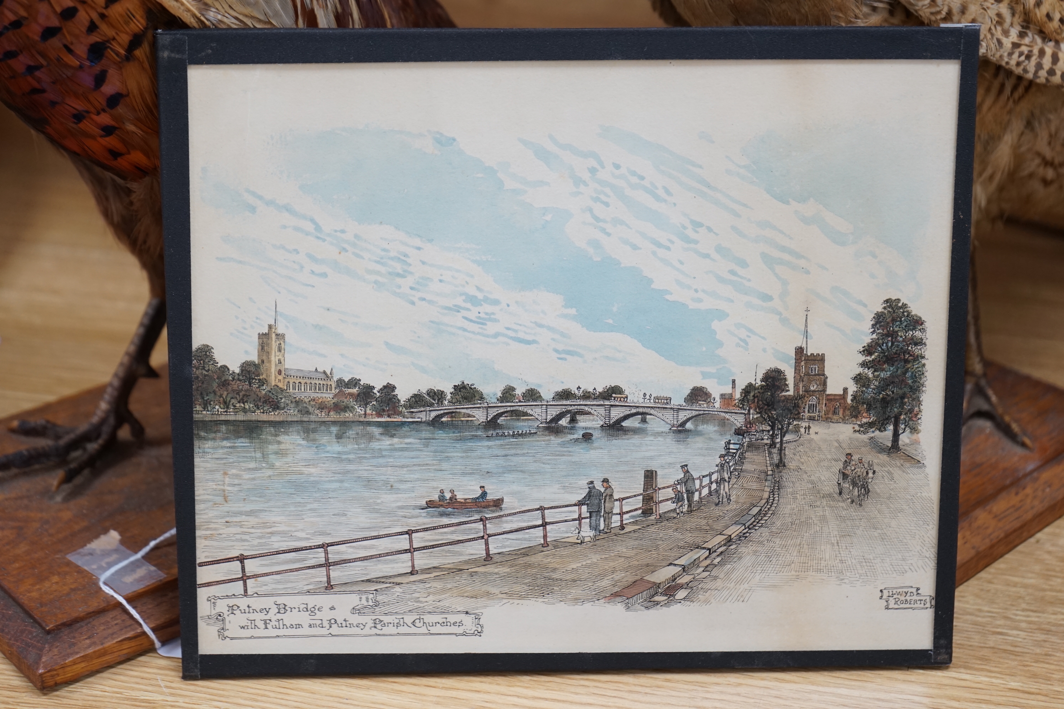 Llwyd Roberts (1875-1940), ink and watercolour, Putney Bridge with Fulham and Putney Parish Churches, signed and inscribed, unframed, 23 x 27cm